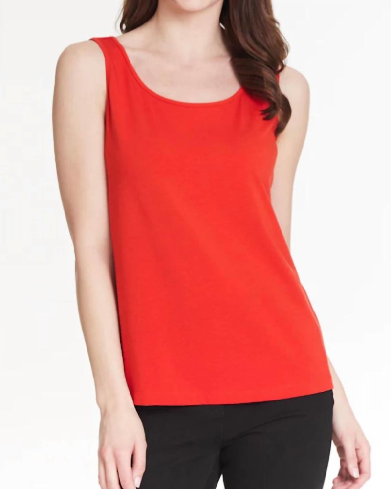 Front of a model wearing a size Large Double Scoop Neck Tank in Poppy in Poppy by Multiples. | dia_product_style_image_id:334563